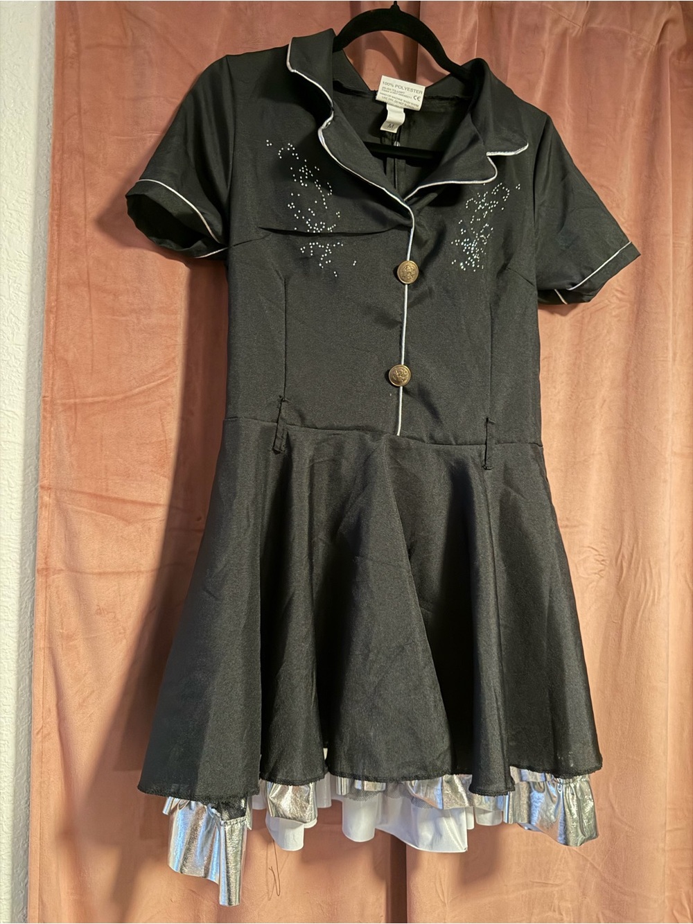 Black Ruffle Hem Short Sleeve Kids Dress with Silver Trim